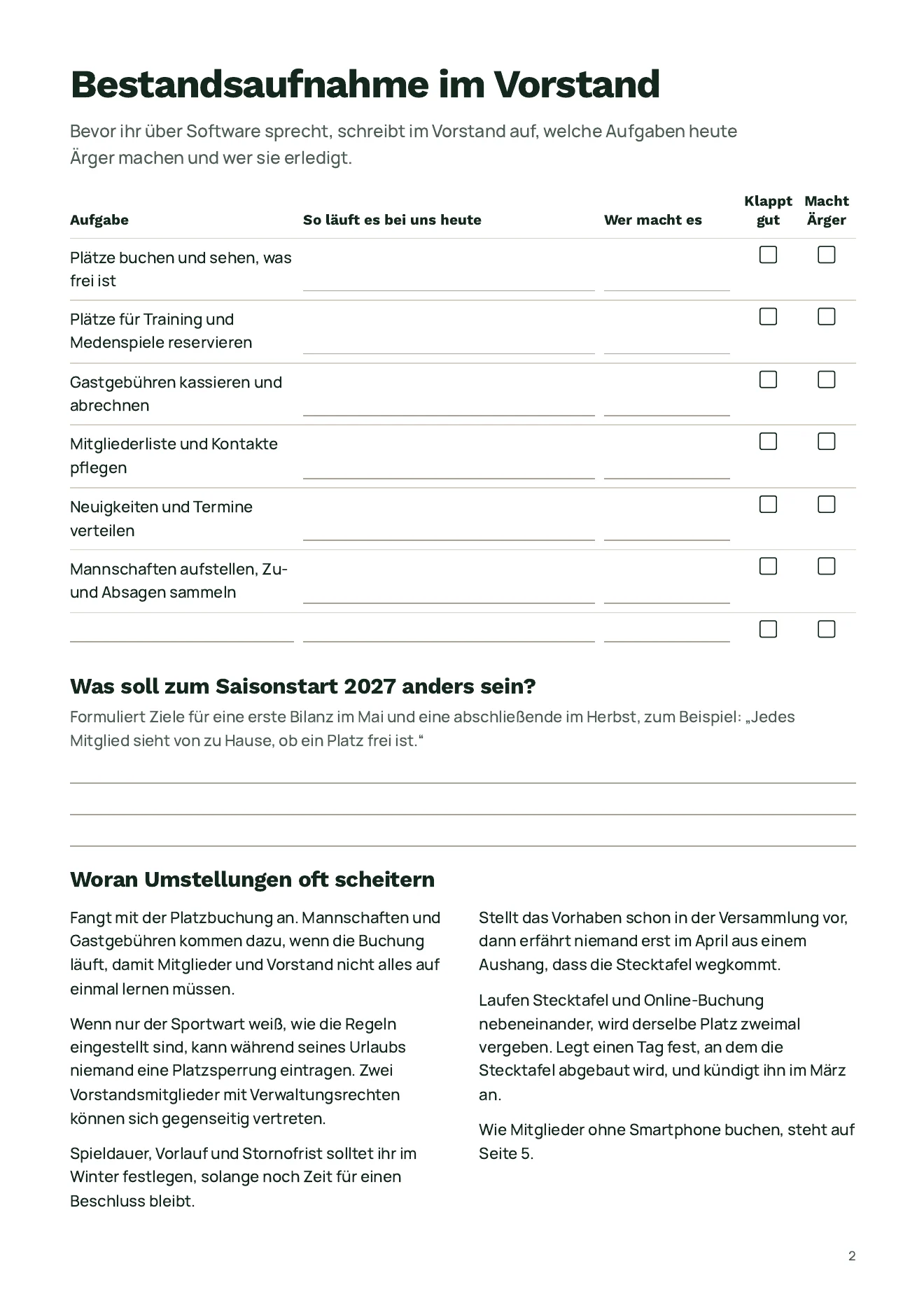 Seite 2 des Leitfadens: Bestandsaufnahme im Vorstand, eine Tabelle zum Ausfüllen mit Aufgaben, heutigem Ablauf und Zuständigen.