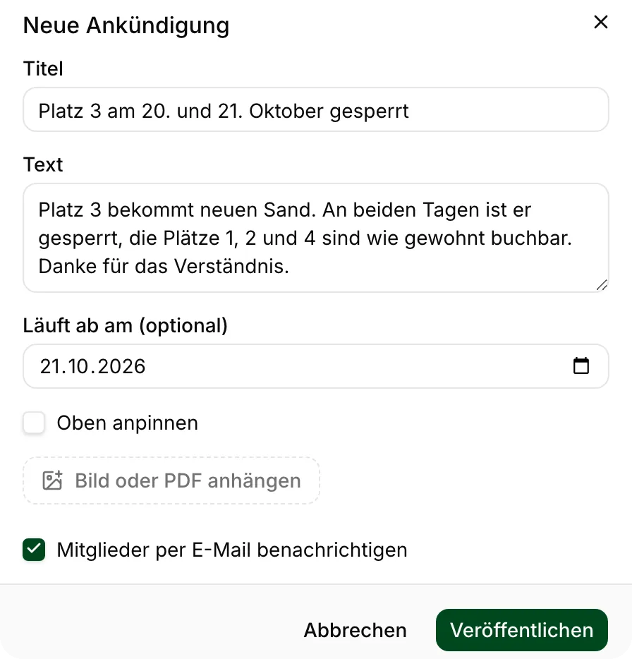 Dialog zum Erstellen einer Ankündigung mit dem Schalter „Mitglieder per E-Mail benachrichtigen“.