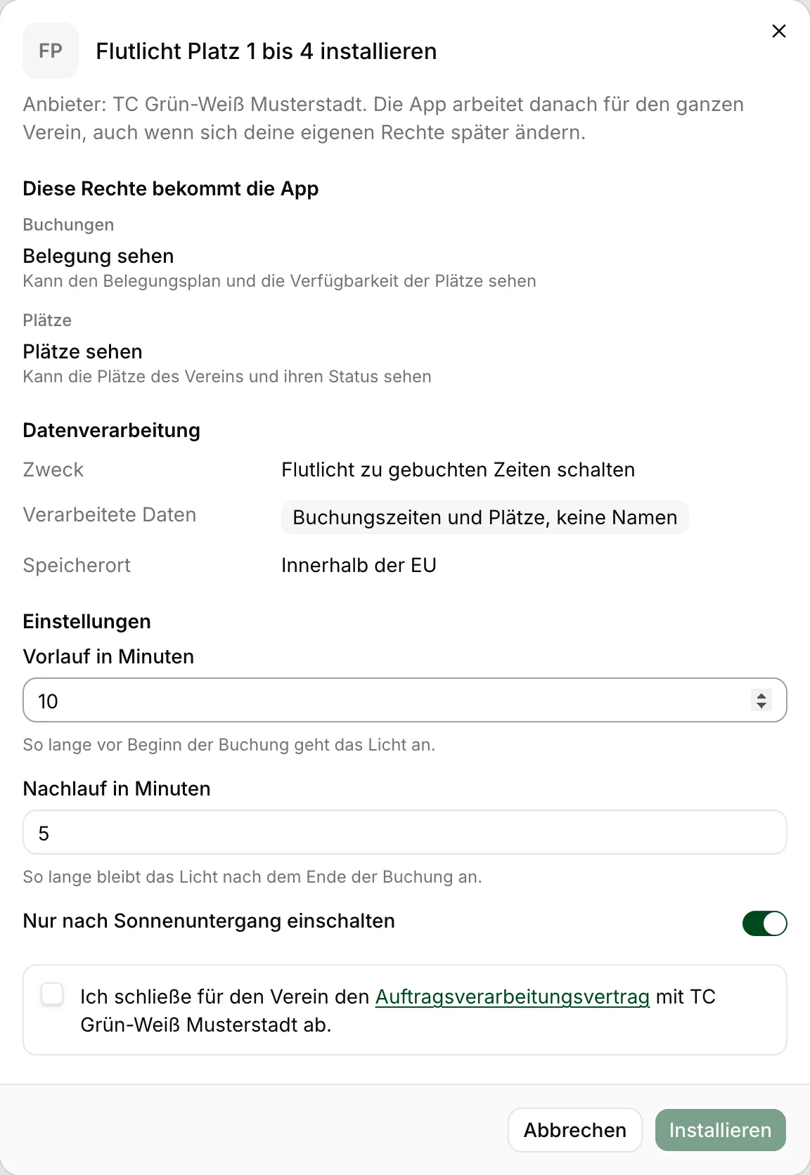 Installationsdialog einer App mit der Liste der Rechte, den Angaben zur Datenverarbeitung und dem Vertrag zur Auftragsverarbeitung.