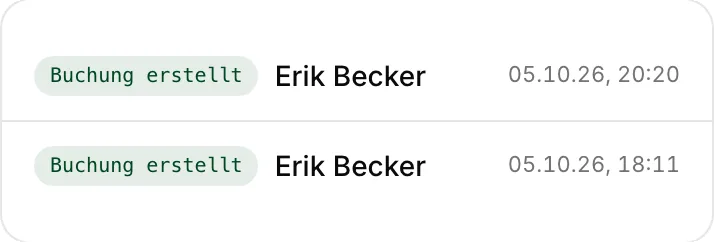 Protokoll mit den zwei neuesten Einträgen: Erik Becker hat zwei Buchungen erstellt, jeweils mit Zeitpunkt.