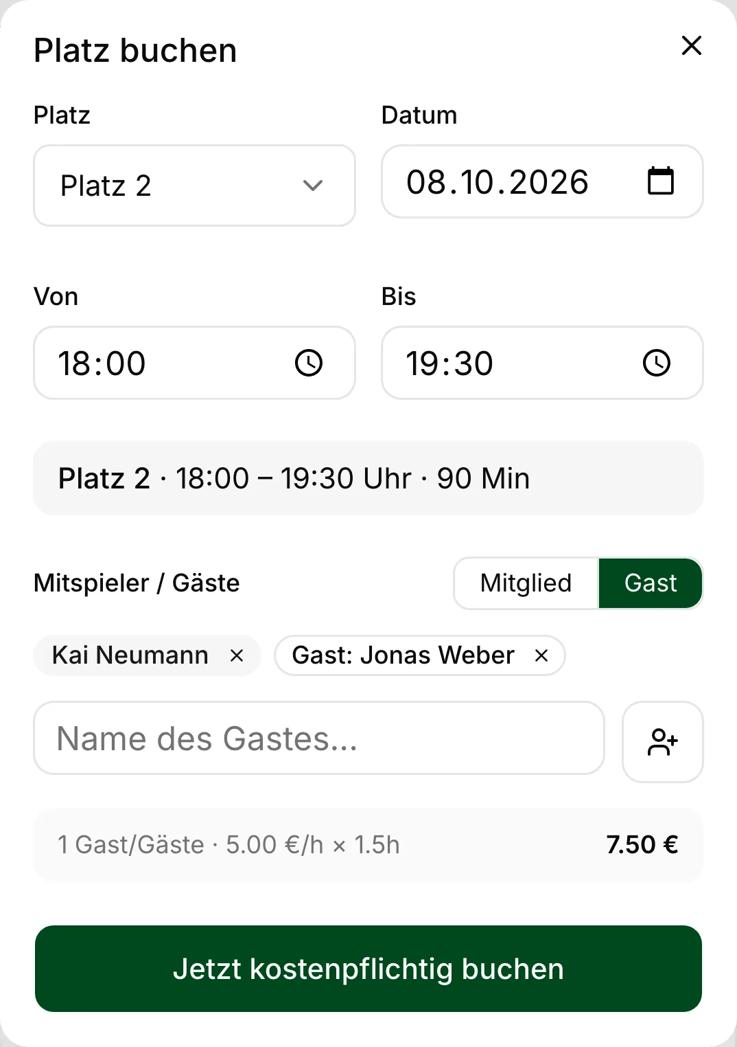 Buchung von Platz 2 am Donnerstag, 8. Oktober, von 18:00 bis 19:30 mit Mitspieler Kai Neumann und Gast Jonas Weber.