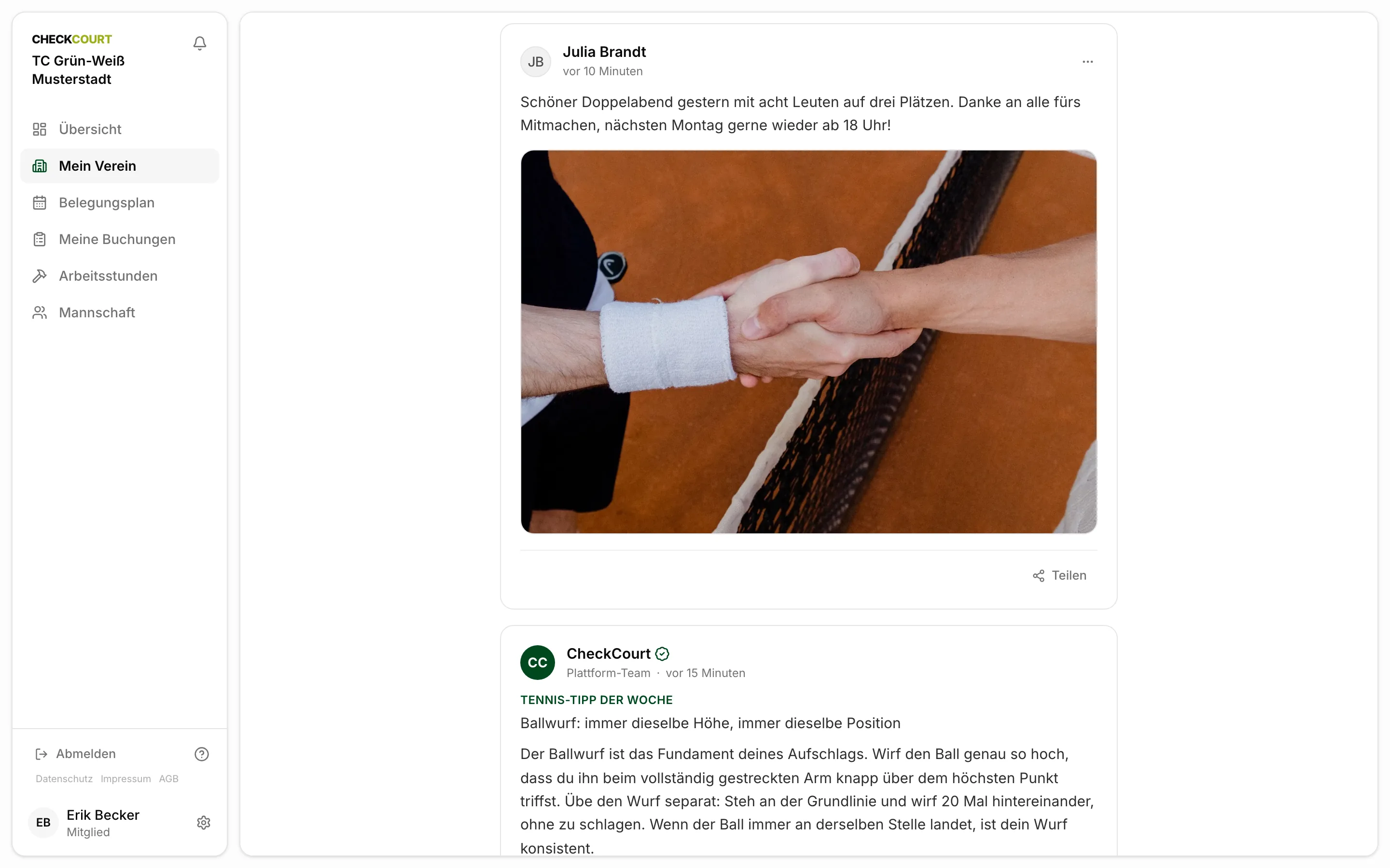 „Mein Verein“ am Desktop: Beitrag von Julia Brandt zum Doppelabend mit einem Foto vom Handschlag am Netz, darunter der Tennis-Tipp der Woche zum Ballwurf beim Aufschlag.