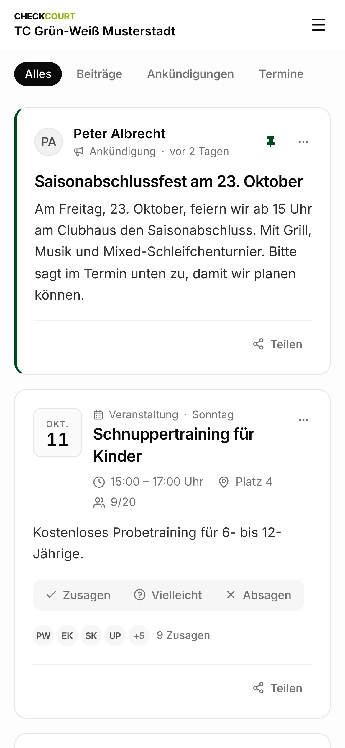 „Mein Verein“ am Handy mit der angehefteten Ankündigung zum Saisonabschlussfest am 23. Oktober und dem Termin Schnuppertraining für Kinder am 11. Oktober.