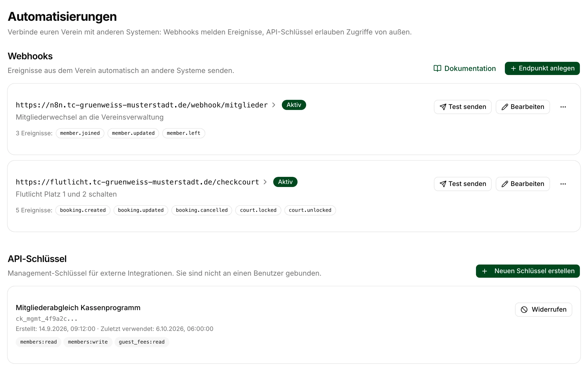 Liste der Zugangsschlüssel eines Vereins mit Name, Rechten und letzter Nutzung.