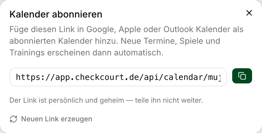 Dialog zum Abonnieren des Vereinskalenders mit dem persönlichen Kalenderlink.