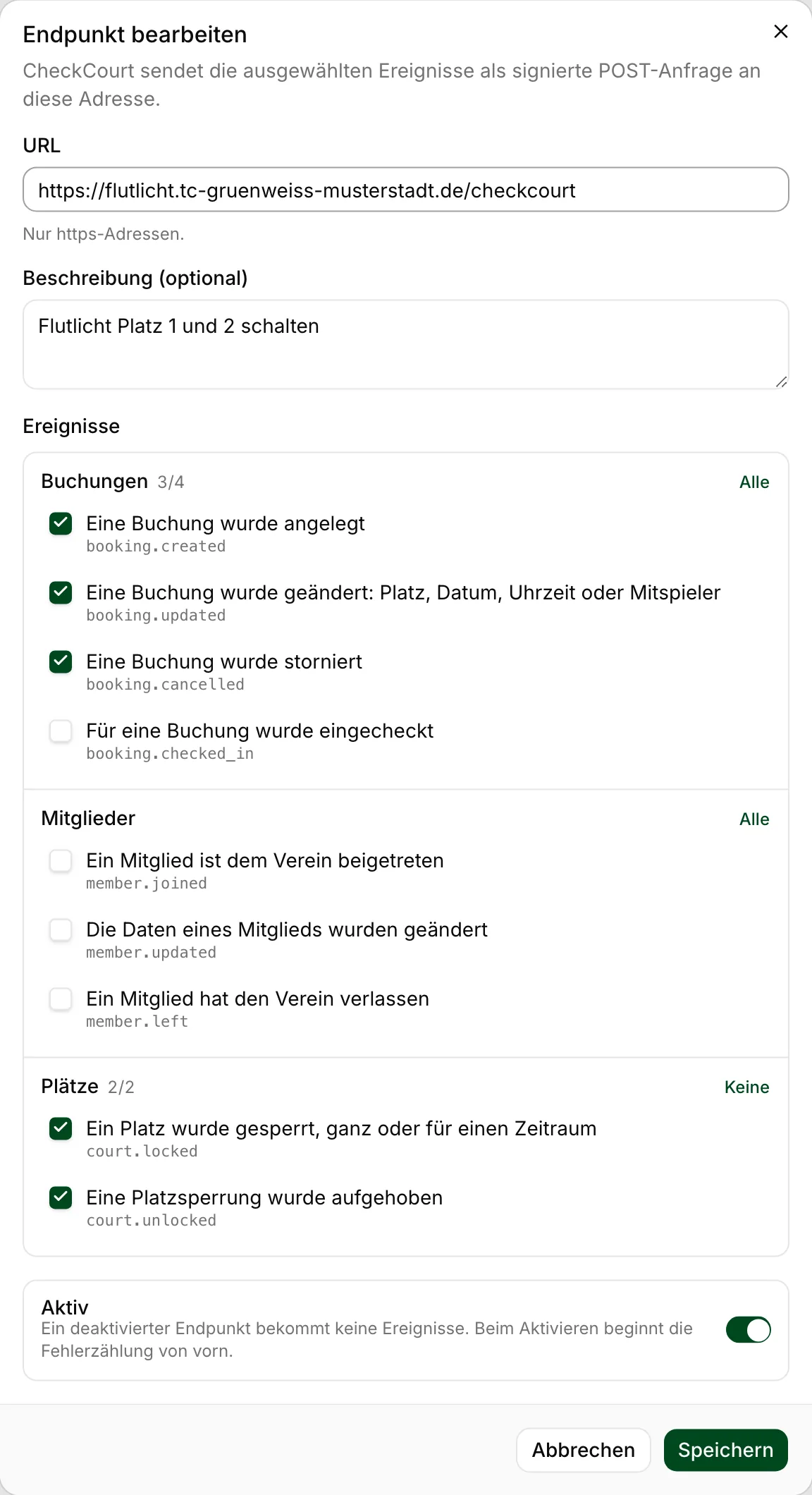 Auswahl der Ereignisse für einen Webhook, gruppiert nach Buchungen, Mitgliedern und Plätzen.