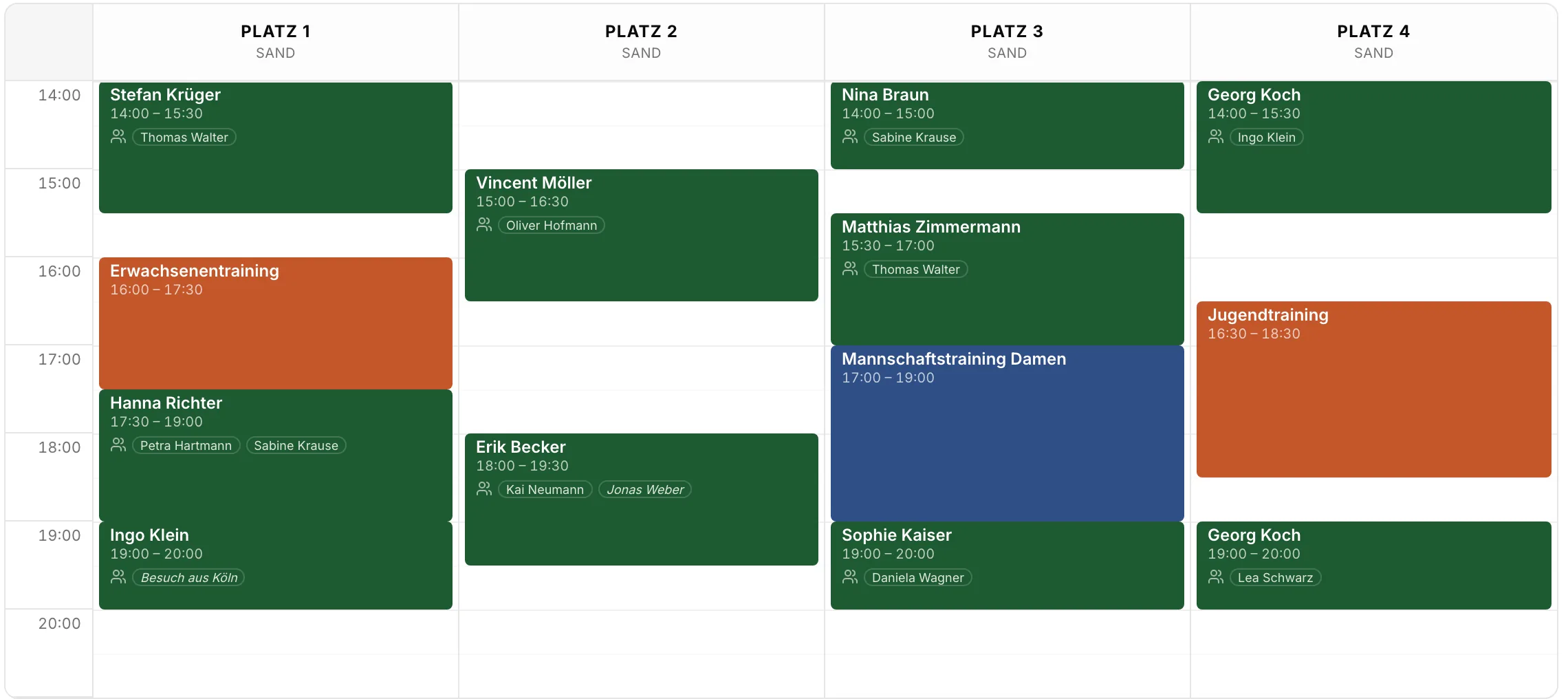 Belegungsplan am Nachmittag und Abend: Buchungen von Mitgliedern mit Mitspielern und Gästen, dazu Erwachsenen- und Jugendtraining.