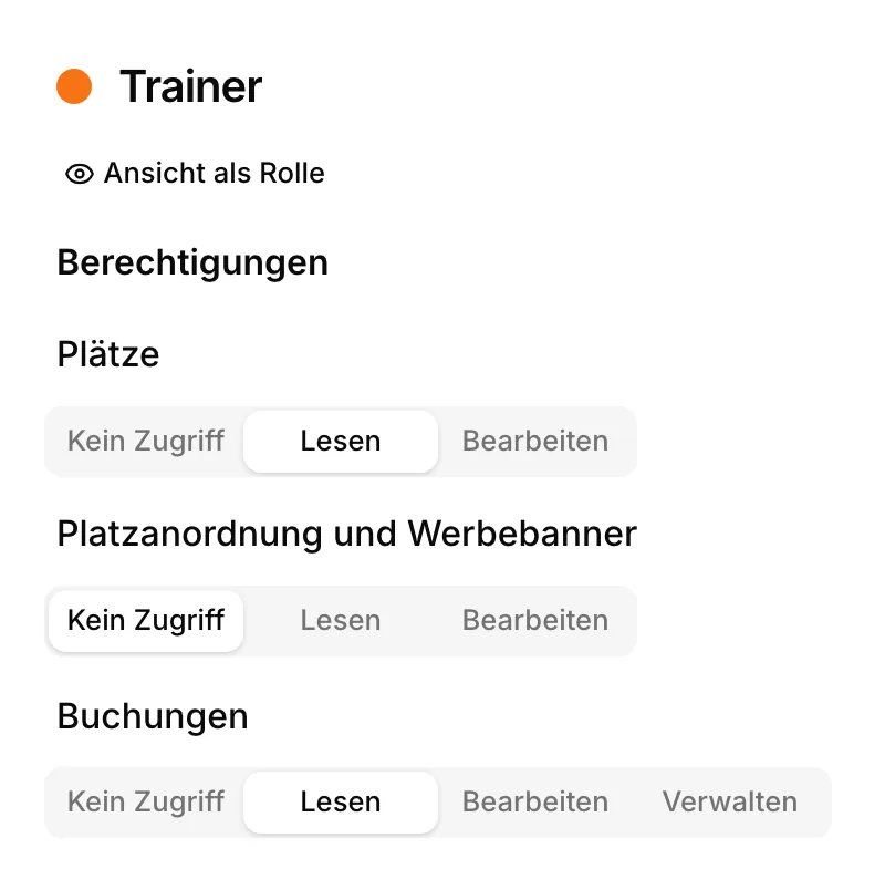 Rolle Trainer mit ihren Rechten je Bereich.