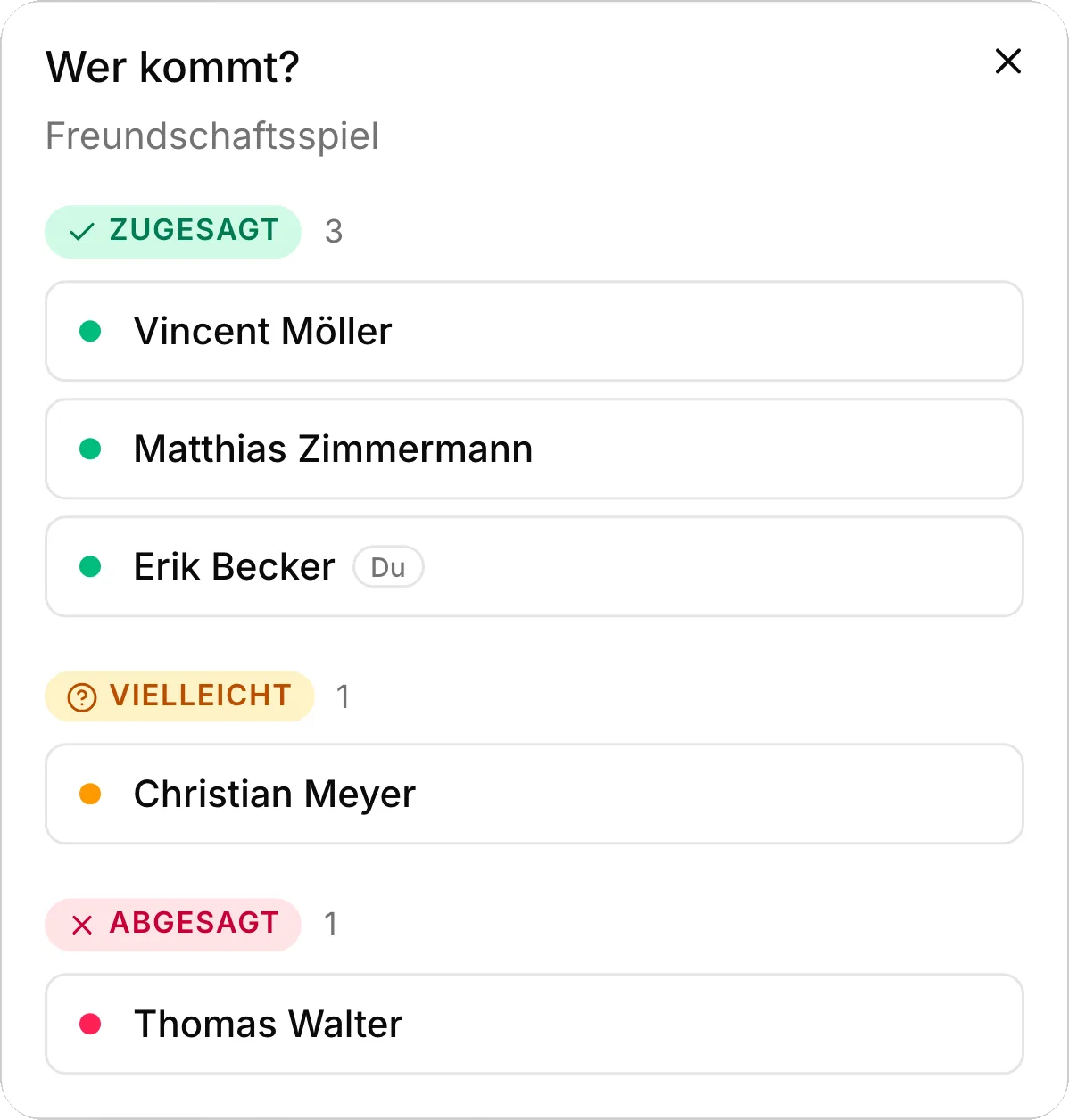 Wer kommt? für ein Freundschaftsspiel der Herren 30: zugesagt haben Vincent Möller, Matthias Zimmermann und Erik Becker, vielleicht Christian Meyer.