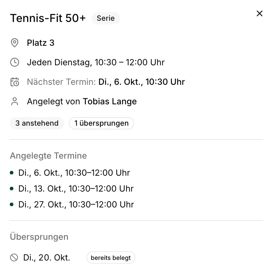 Trainerblock Tennis-Fit 50+ jeden Dienstag auf Platz 3.